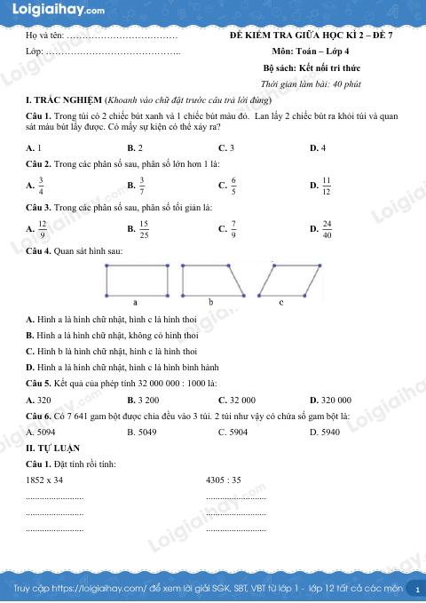 Đề kiểm tra giữa học kì 2 Toán 4 Kết nối tri thức - Đề số 7
